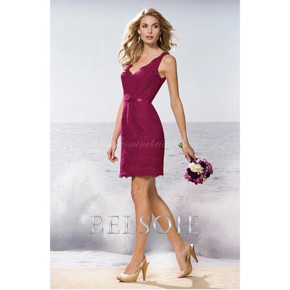 Belsoie Sz 12 V Neck Eyelash Lace Sheath Shift Dress Scalloped Berry Bridesmaid - Picture 2 of 7